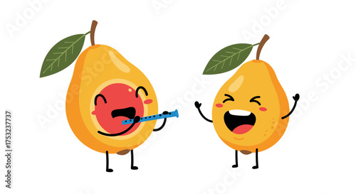 Two happy cartoon pears singing and playing music together on a white background.
