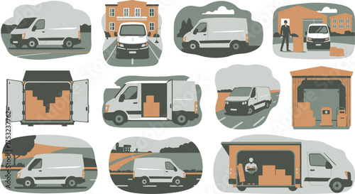 Collection of Delivery Vans Illustrated in Different Scenarios Loading, Unloading, Driving, and Approaching Buildings