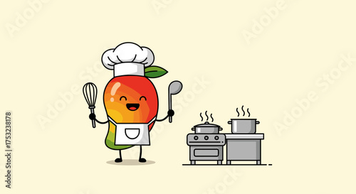 A cheerful cartoon mango dressed as a chef holding cooking utensils next to a stove.