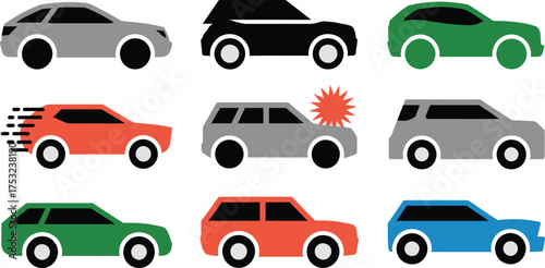 Colorful Car Icons Depicting Various Models Including a Crash and Speeding Vehicle Cartoon