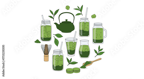 A collection of refreshing green matcha drinks and traditional tea ceremony tools.