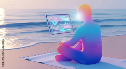 Person meditating on the beach with a futuristic tablet displaying data analytics and financial information in a peaceful setting