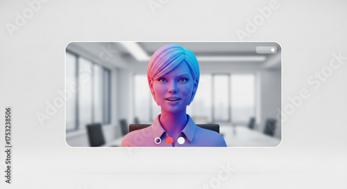 A 3d female avatar in a video conference call with a blurred office background