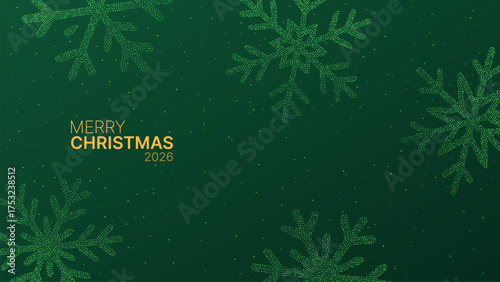 Merry Christmas 2026 text with green dotted snowflakes on a dark green background. Winter holiday greeting card or banner for celebration.