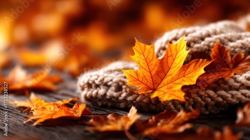 A warm scene featuring vibrant autumn leaves atop a soft knitted scarf, creating a perfect cozy atmosphere that encapsulates the essence of fall.