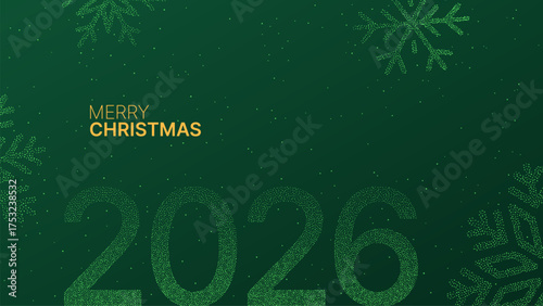 Merry Christmas 2026 greeting card with halftone snowflake design on green background. Festive celebration banner for holiday season.