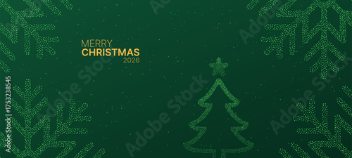 Merry Christmas 2026 vector background with abstract Christmas tree and snowflake made of dots. Holiday greeting card design.