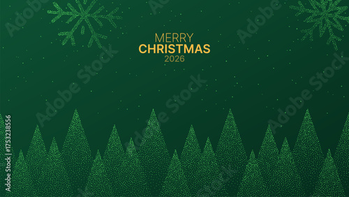 Merry Christmas 2026 text with abstract green trees and snowflakes. Holiday seasonal greeting card design element. Winter celebration concept vector.