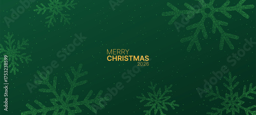 Merry Christmas 2026 text with green pixel art snowflake vector. Winter holiday celebration banner with festive decoration for greeting card.