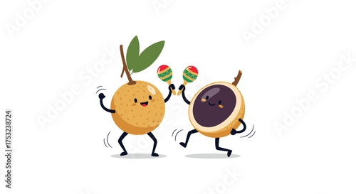 Two cute cartoon longan fruits dancing and playing maracas happily.
