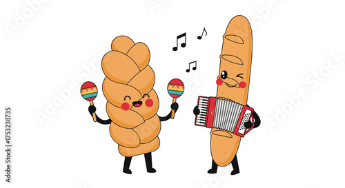 Two cartoon bread characters playing musical instruments and dancing happily together.