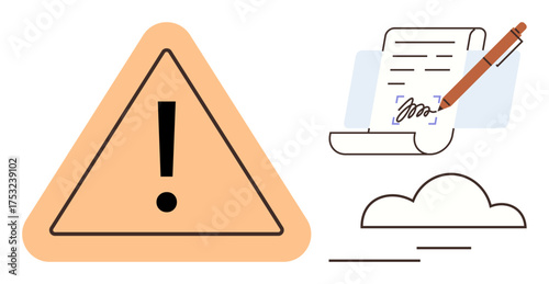 Exclamation mark in orange triangle, document being signed with pen, abstract cloud lines. Ideal for caution, warning, compliance, contract, documentation safety risk management. Simple flat