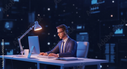 Focused businessman in suit working on computer with data analysis on screen in modern office at night
