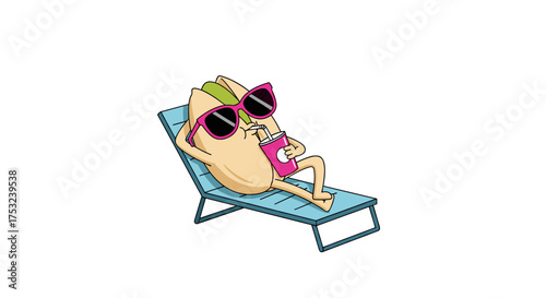 A cartoon pistachio nut wearing sunglasses and shorts relaxes on a lounge chair with a drink.