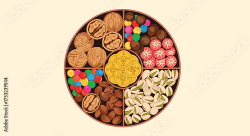 A delightful assortment of nuts candies and cookies arranged in a circular tray.