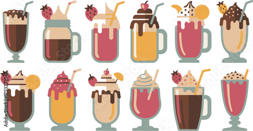 Diverse Cartoon Milkshakes and Frappes with Strawberries, Cherries, Chocolate, and Whipped Cream Toppings