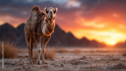 A solitary camel stands gracefully against a stunning sunset backdrop in a vast desert landscape, embodying resilience and the beauty of nature's tranquility at dusk.