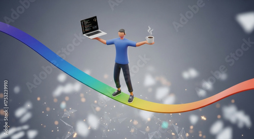 A developer balancing laptop and coffee on a rainbow bridge, representing the challenges of software development
