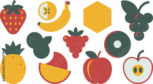 Flat Illustration of Assorted Fruits Strawberry, Banana, Pineapple, Apple, Raspberries, and Grapes