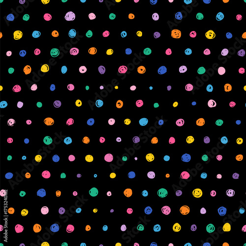 Cute painted doodle colorful vector dots seamless pattern on black background, Small rounded shapes in lines