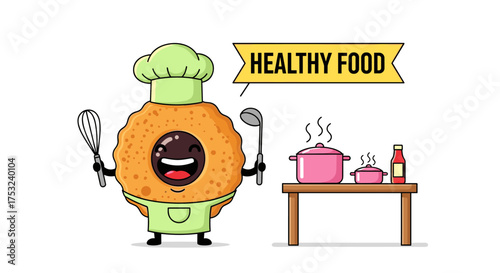 A cheerful cartoon cookie chef wearing a hat and apron holding cooking utensils stands next to a table with pots and bottles indicating healthy food preparation.