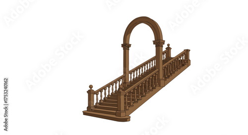Classic brown wooden staircase with ornate arch and railings in isometric style