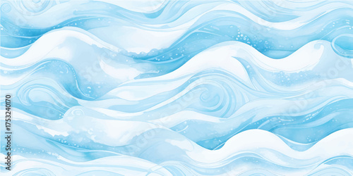 Soft Blue and White Watercolor Ocean Wave Texture with Fluid Splash Layers and Tropical Tsunami Sea Design for Abstract Background Art