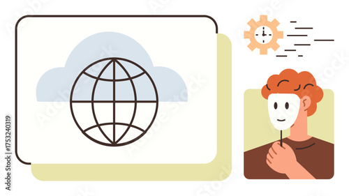Globe inside cloud visualizing digital connectivity, a person holding a mask symbolizing identity and anonymity, and a clock for time. Ideal for online security, communication, internet access