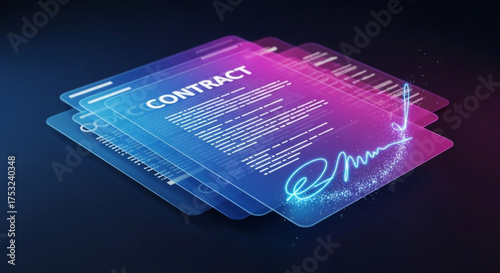 A stack of digital contracts with signatures hovers in the air, representing the future of digital agreements and transactions