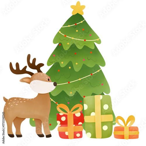 Cartoon Reindeer and Christmas Decoration Scene