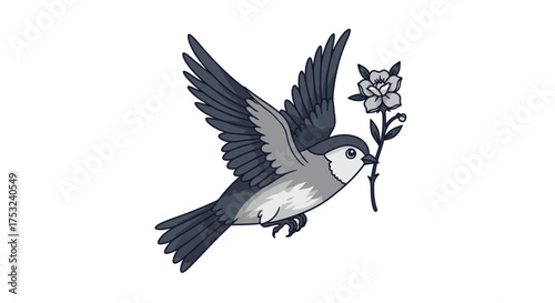 Graceful bird in flight with flower in beak