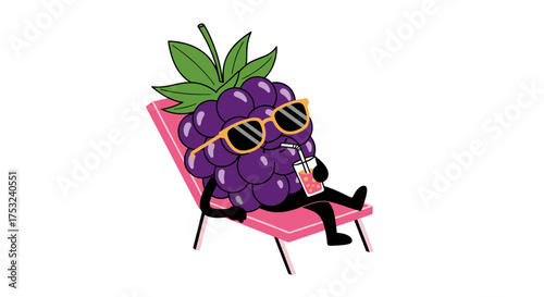 A cartoon blackberry wearing sunglasses relaxes on a lounge chair with a drink.