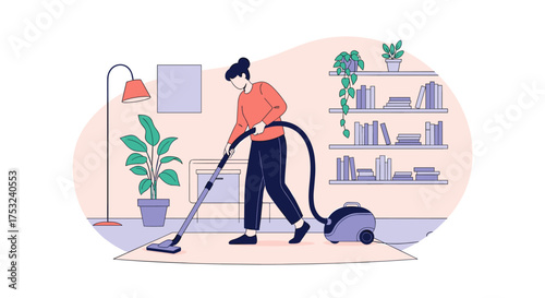 A person uses a vacuum cleaner to clean the carpet in a room with houseplants and a bookshelf.