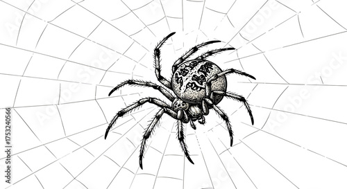 Intricate black and white spider on web