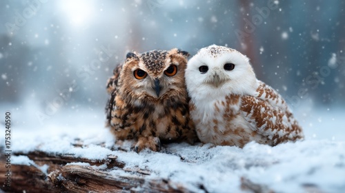A beautiful scene of two owls, one dark and one white, nestled together on a snow-covered log, embodying harmony and nature's beauty during winter months.