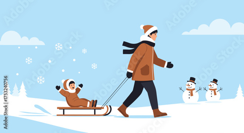 Father and child enjoying a winter day with snow and sledding fun.