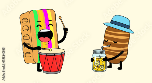 Two animated food characters joyfully making music together on a plain background.