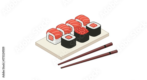 Delicious japanese sushi platter with chopsticks: tuna, salmon, and roe rolls…