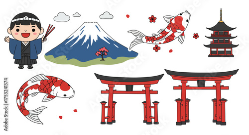 Charming japanese cultural elements featuring koi fish, mount fuji, and tradi…