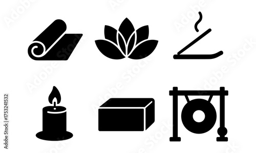 Yoga essentials set featuring mat, lotus, incense, candle, block, and gong for wellness and meditation design
