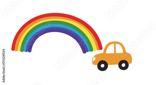 Colorful rainbow with playful car on white background