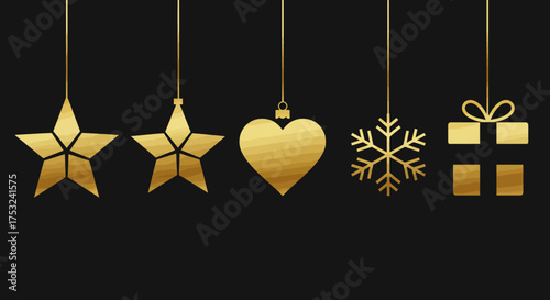 Elegant gold christmas ornaments on black background for holiday decor