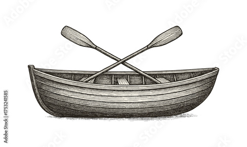 Detailed hand-drawn rowboat with crossed oars in vintage style