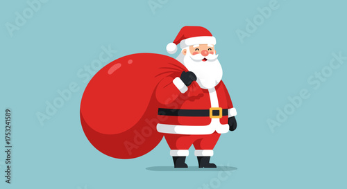 Smiling santa carrying a big red sack on a light blue background