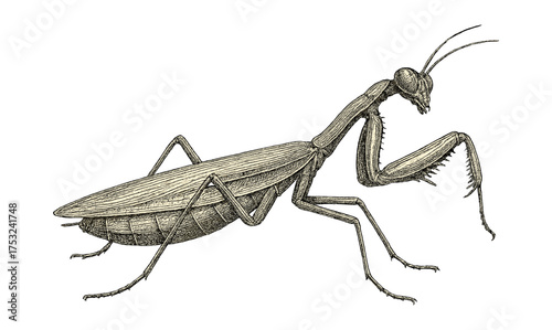 Detailed pen drawing of a praying mantis in vintage style with intricate linework