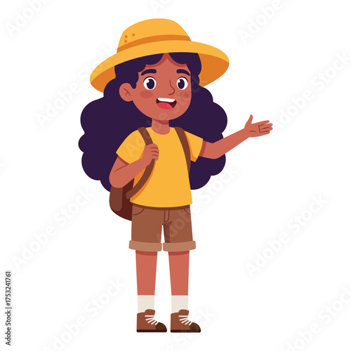 Happy Young Girl Explorer with Backpack and Hat Ready for Adventure.