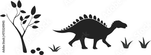 Silhouette of a stegosaurus dinosaur walking in a prehistoric landscape