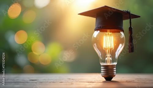 Glowing incandescent bulb wearing graduation cap sits on table. Bright idea concept symbolizes education, smart thinking and knowledge. Light bulb, graduation cap, bokeh background.