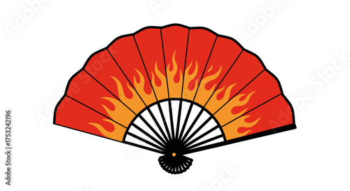 Traditional asian red fan with flame pattern on white background