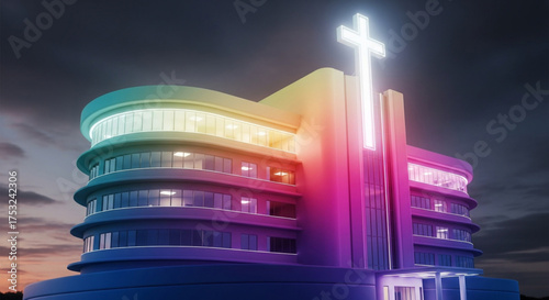 Futuristic hospital with a glowing cross on top, representing modern healthcare, technology, and medical innovation